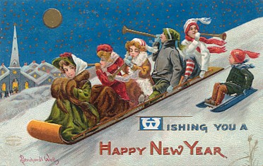 The month of January begins with New Year's Day! Featured is a holiday postcard image ... "Wishing You A Happy New Year" circa 1907.  Private Collection.